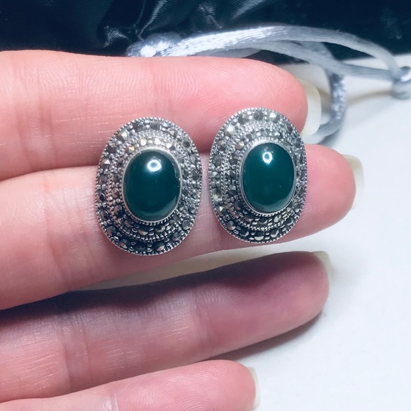 Sterling Silver Genuine Green Agate & Marcasite Earrings - Picture 3 of 4